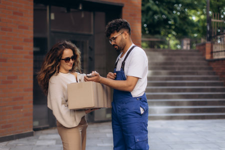 Courier holding a mobile phone while delivering a package to a customer, completing the process of home delivery in an urban settingの写真素材
