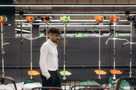 A man in formal attire looking at tools for gardening and landscaping equipment in a store aisle.