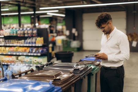 A stylish man stands beside recycling bins in a modern store, checking his phone.の写真素材