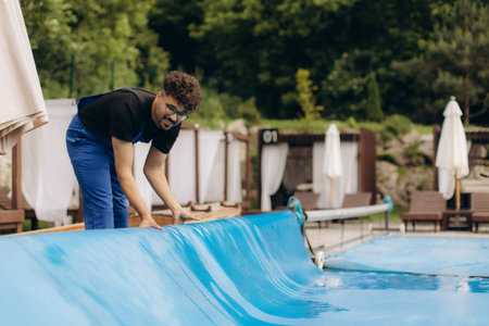 Pool maintenance worker unrolling a thermal cover from a swimming pool at a tourist resort, ensuring energy efficiency and cost savingsの写真素材
