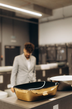 A sophisticated display of a golden basin in a contemporary showroom setting, highlighting interior design and modern luxury. A man observes in the background, adding a dynamic human element to the scene.の写真素材