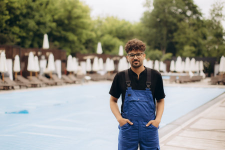 Pool maintenance worker standing by empty pool covered with thermal blanket to prevent excessive...