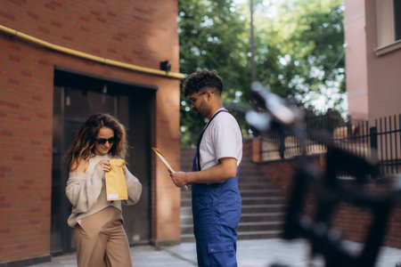 Courier in uniform handing over a package to a woman wearing sunglasses in a city street, suggesting a successful deliveryの写真素材