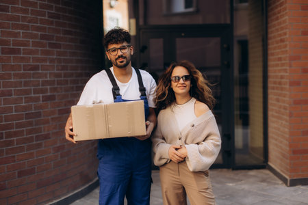 Delivery man holding a cardboard box stands next to an elegant businesswoman, both positioned in front of a modern urban buildingの写真素材