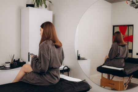 A woman in a robe sits on a spa bed holding a smartphone in a serene room featuring modern furnishings, a large round mirror, and calming tones, emphasizing relaxation and indoor wellness.の写真素材