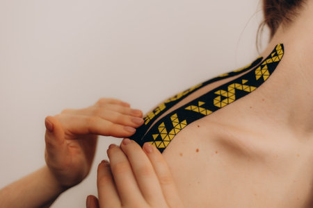 Detailed shot showing kinesiology tape being carefully applied to a person's shoulder for therapeutic purposes. The image highlights healthcare, therapy practices, and the importance of healing and muscle recovery.の写真素材
