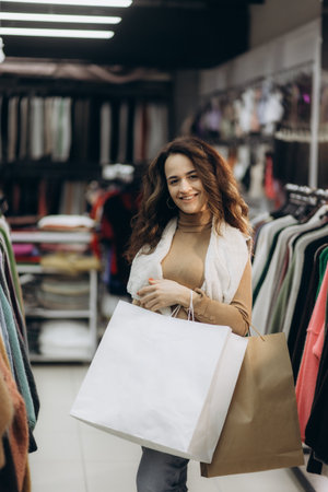 A stylish woman explores a clothing store, carrying shopping bags and enjoying the experience of browsing through garments. The mood is lively and focuses on fashion, style, and retail enthusiasm.の写真素材