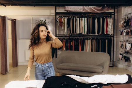A woman browses through a modern boutique with clothes and accessories, showcasing a sleek interior design with attractive arrangements and a casual atmosphere which represents contemporary shopping experiences.の写真素材