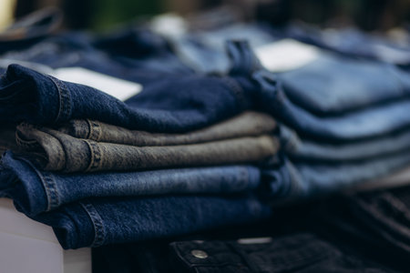 A stack of neatly folded denim jeans in diverse shades and textures for retail display. Perfect representation of casual fashion, clothing organization, and trendy wardrobe essentials in the textile industry.の写真素材