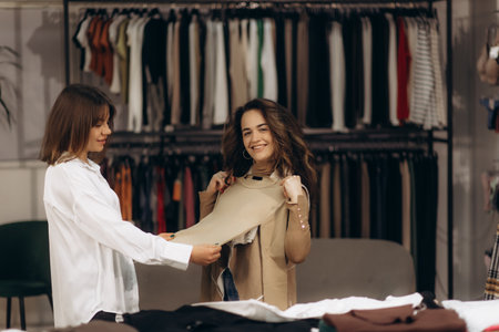 Two women enjoying a shopping experience in a stylish boutique, exploring fashion options and sharing smiles. The scene captures friendship, retail enjoyment, and contemporary style in a modern environment.の写真素材