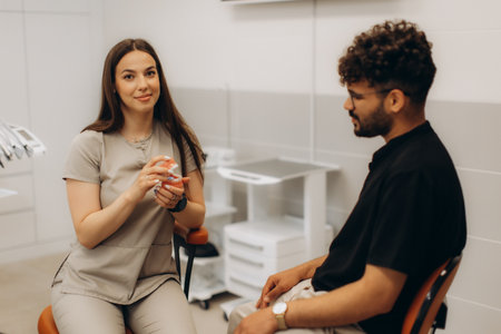 Female dentist explaining to male patient treatment using anatomical model of teeth in dental clinicの写真素材