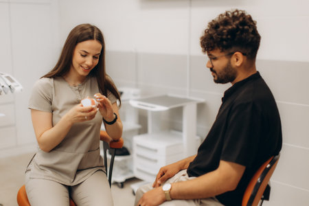 Female dentist showing denture model to male patient sitting in dentist chair during consultation in...