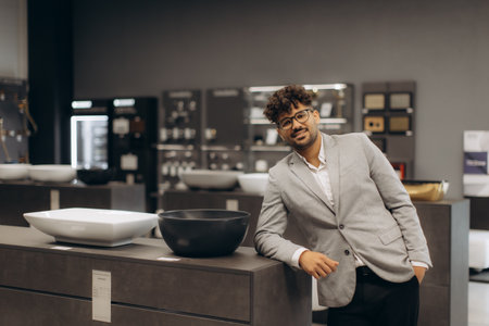 A professionally dressed individual standing in a showroom featuring modern home fixtures and appliances.の写真素材