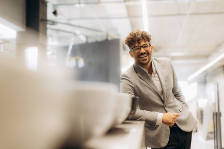 Young business professional dressed in a gray suit smiling confidently in a contemporary workspace. The background shows a bright office area with stylish furnishings, creating a dynamic and approachable atmosphere.の写真素材
