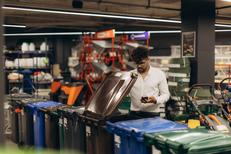 A man examining large recycling bins displayed in a hardware store aisle containing diverse products.の写真素材