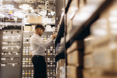 A man browses shelves in a modern lighting store, surrounded by innovative fixtures.の写真素材