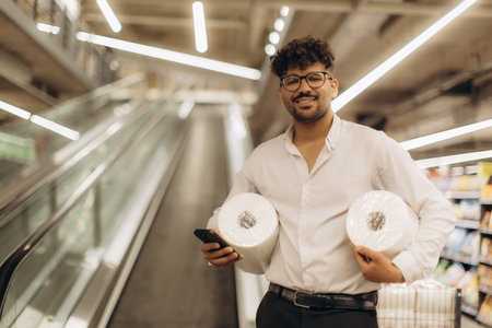 A man happily poses in a store holding products, conveying a cheerful shopping atmosphere.の写真素材