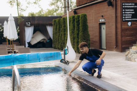 Pool maintenance worker checking water quality in a hotel resort, ensuring hygiene and safety for...