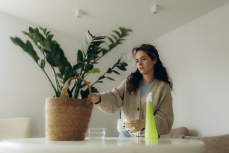 A young woman tending to a houseplant on a table, representing care and interior decoration...