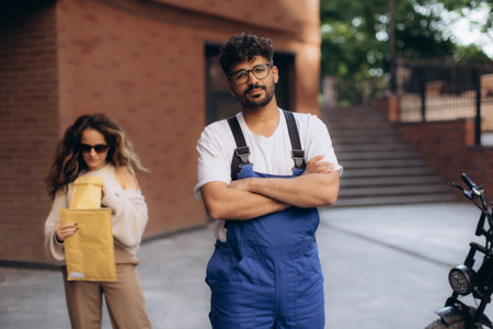 Courier waiting with arms crossed next to his electric scooter while a woman holds a padded envelopeの写真素材