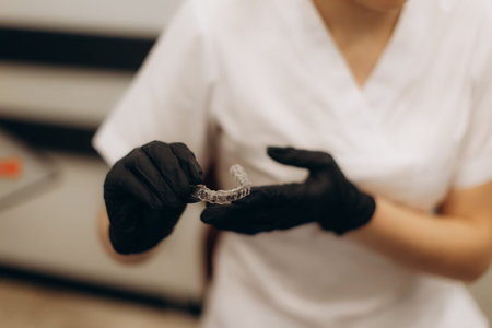 A dentist, wearing black gloves and a white uniform, demonstrates an invisible teeth aligner. The...