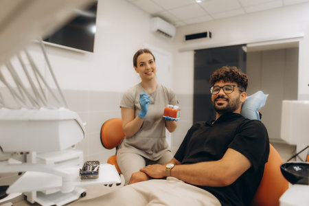 Female dentist holding anatomical model of teeth, explaining to male patient the procedure of dental...