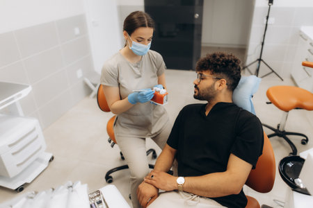Female dentist explaining dental treatment to male patient using anatomical model of teeth in modern dental clinicの写真素材