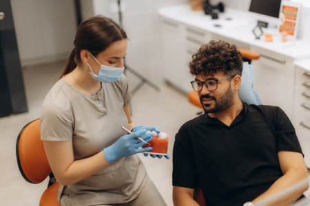 Female dentist wearing mask and gloves showing denture model to male patient explaining treatment in...