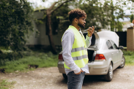 Man wearing safety vest talking on phone, requesting help after vehicle breakdown. Automobile trunk and hood openの写真素材