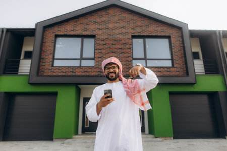 Smiling arab man proudly owning new modern home. He is holding keys and a smartphone, symbolizing...