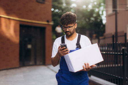 Delivery man wearing blue overalls and holding a white package is checking his smartphone while walking down a city streetの写真素材