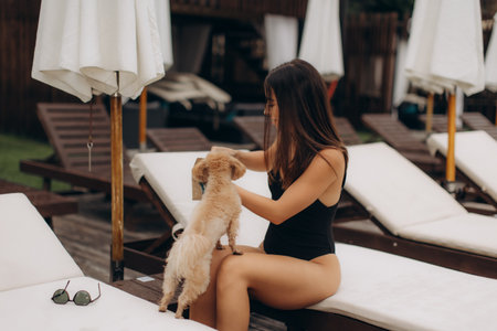 On a sunny day, a young woman in a swimsuit sits on a poolside lounger, affectionately petting her small dogの写真素材