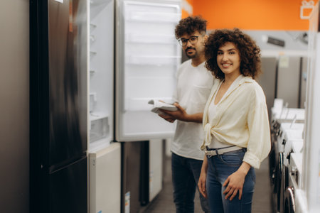 A happy couple checks out refrigerators in a bright electronics store, exploring appliances together.の写真素材