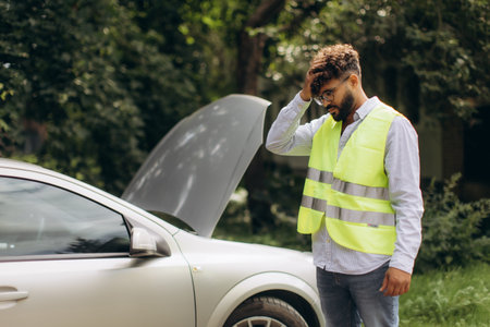 Man wearing safety vest standing by his broken car with open hood, feeling frustrated and needing roadside assistanceの写真素材