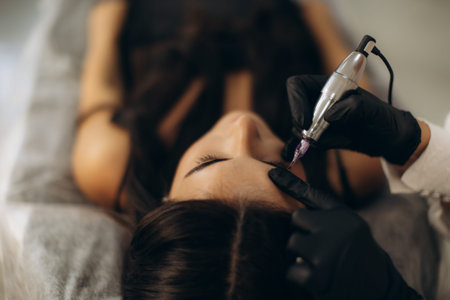 Client undergoing a permanent eyeliner application by a beautician in a beauty salon, focusing on...