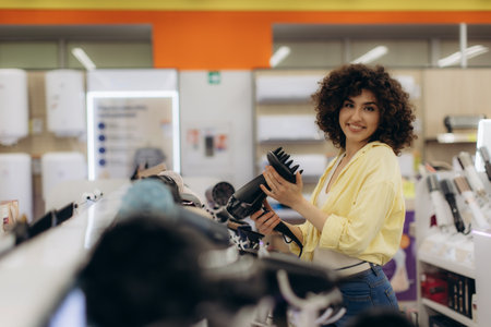 A smiling young woman explores the electronics section of a retail store, inspecting products.の写真素材