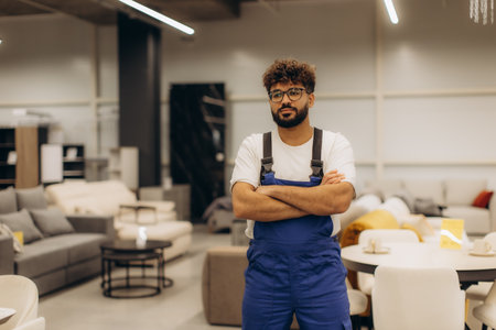 Young man in overalls standing confidently with crossed arms in a spacious furniture showroom, representing service and retailの写真素材