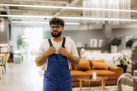 Man wearing overalls standing in a contemporary furniture showroom. Representing retail, sales, service, and employee rolesの写真素材
