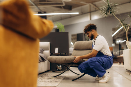Man in overalls carefully assembling a chair in a modern furniture showroom, representing retail, customization, and manual laborの写真素材