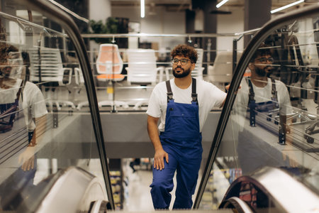 Worker in overalls and glasses moving up an escalator in a large retail space, looking thoughtfully...