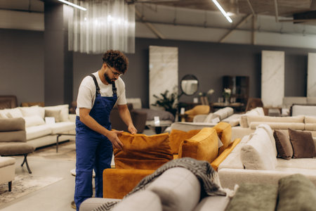 Male worker in overalls arranging cushions on an orange sofa in a modern furniture showroom, preparing for customersの写真素材