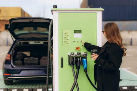 Woman standing beside an electric vehicle charging station, holding a coffee cup and plugging in a carの写真素材