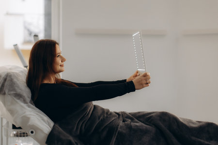 Woman lying on a couch, receiving led light therapy for facial rejuvenation and skincare in a modern beauty clinicの写真素材