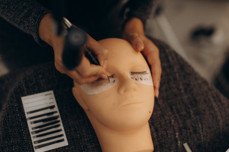 Hands applying false lashes to a mannequin head, learning eyelash extension techniques in a beauty cosmetology training classの写真素材