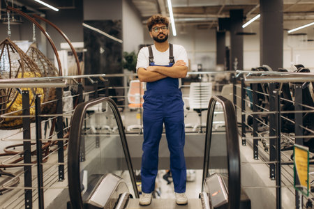 Confident worker wearing blue overalls and a white t-shirt, standing with arms crossed on an escalator in a modern storeの写真素材