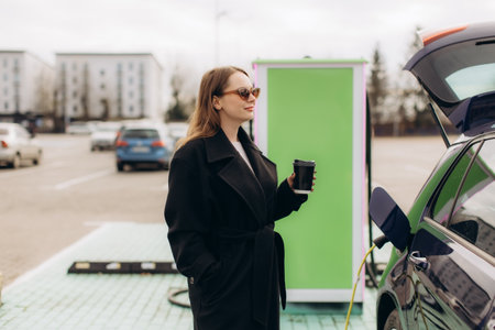 Woman holding a coffee cup while charging her electric car at a station in a parking lot, embracing sustainable livingの写真素材