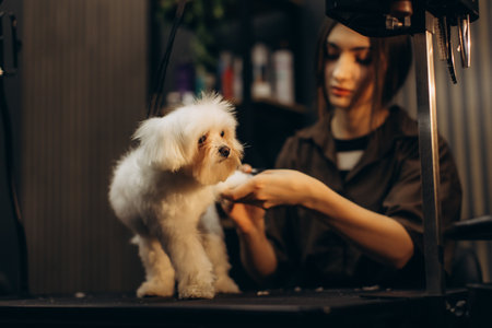 Female groomer carefully trimming a small maltese dog's paw on a grooming table in a professional pet salonの写真素材