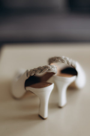 Elegant bridal shoes with decorative sparkling crystal straps, representing glamour and fashion for a special occasionの写真素材