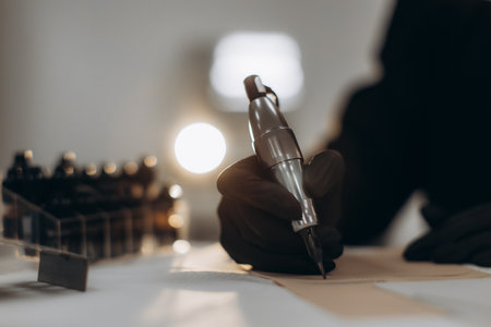 Tattoo artist wearing black gloves holding a rotary tattoo machine, practicing design on artificial skin. Inks are in backgroundの写真素材