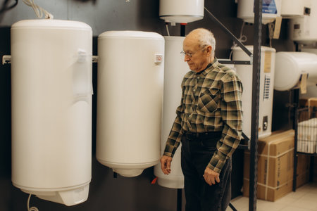 Elderly customer examining a new water heater while shopping for home improvement and plumbing supplies at a retail storeの写真素材
